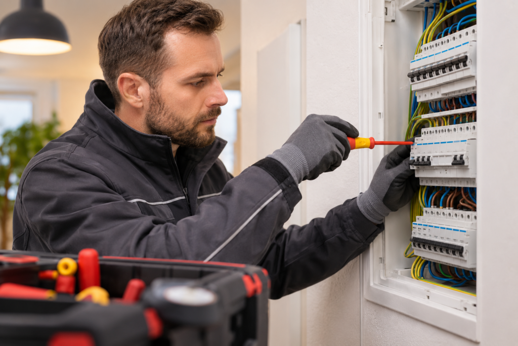 Professioneller Elektriker prüft einen Sicherungskasten für sichere Elektroinstallationen und zuverlässigen Elektro-Notdienst
