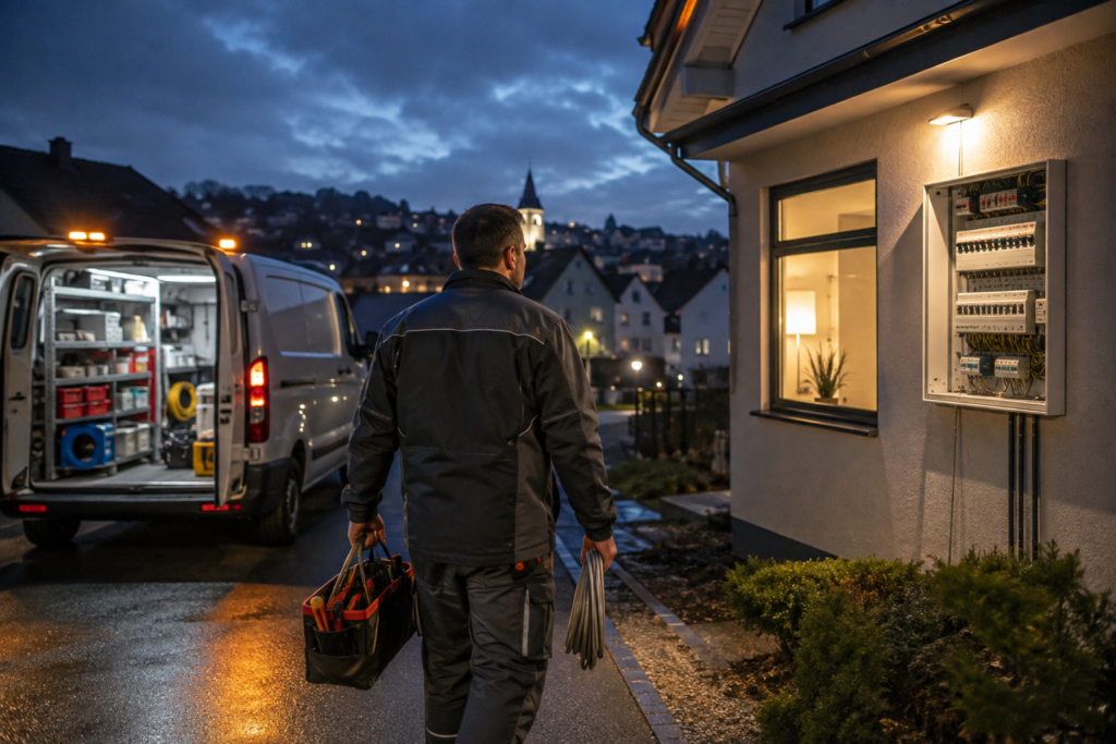 Lokaler Elektriker mit Servicefahrzeug vor einem Einfamilienhaus im Notfalleinsatz.