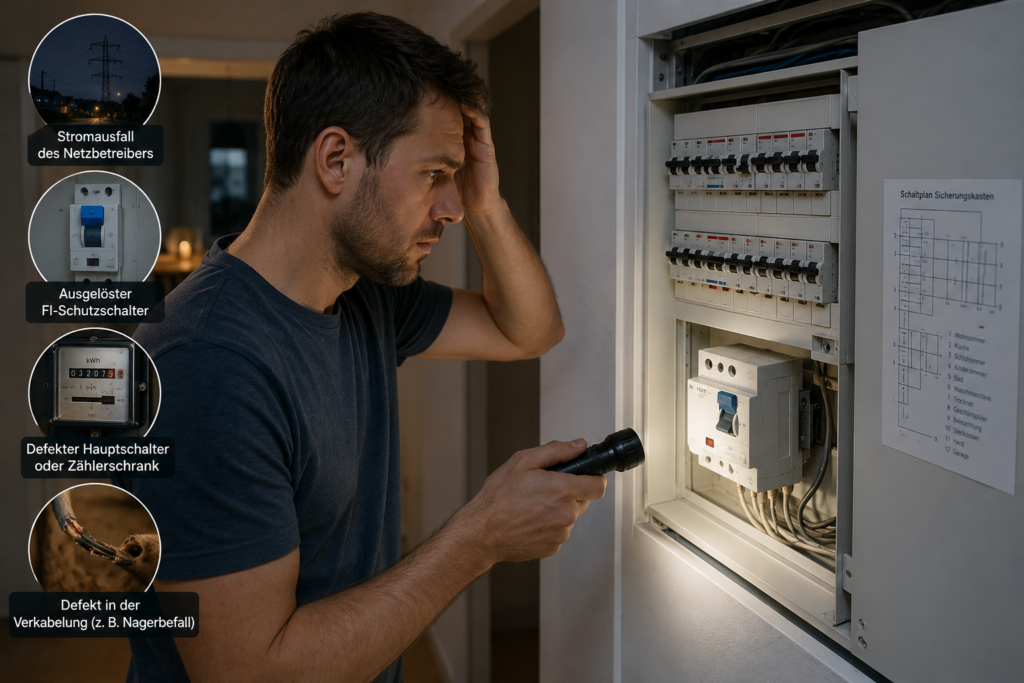 Stromausfall ohne ausgelöste Sicherung – Hausbesitzer kontrolliert den Sicherungskasten