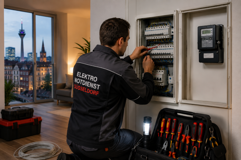 Elektro-Notdienst in Düsseldorf bei der Fehlersuche an einem modernen Sicherungskasten