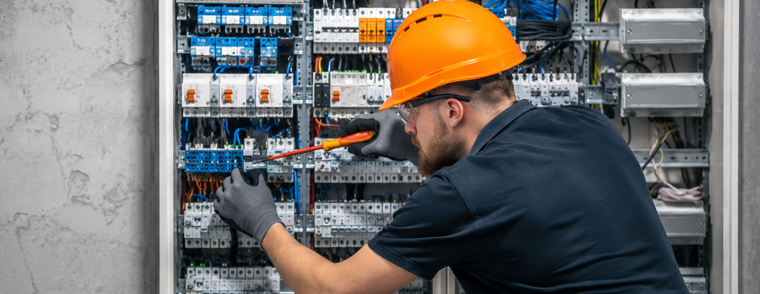 Elektriker prüft Schaltschrank und elektrische Installation Elektriker prüft Schaltschrank und elektrische Installation