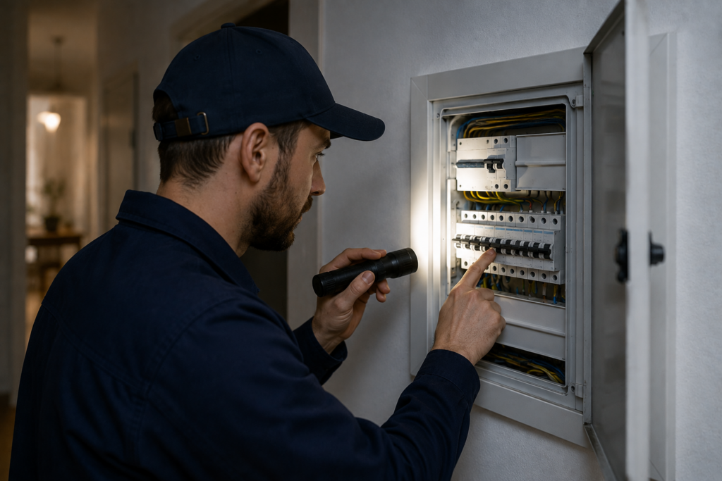 Elektriker kontrolliert einen Sicherungskasten zur Fehlerdiagnose im Haus