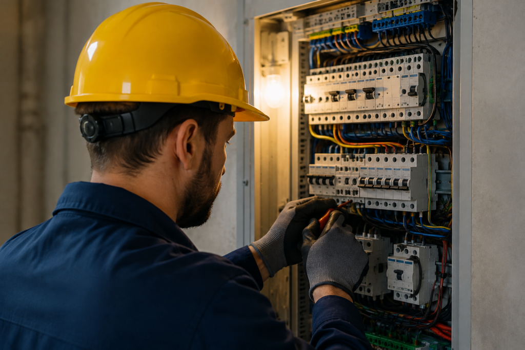 Elektriker beim Reparieren eines Sicherungskastens während eines Notdiensteinsatzes